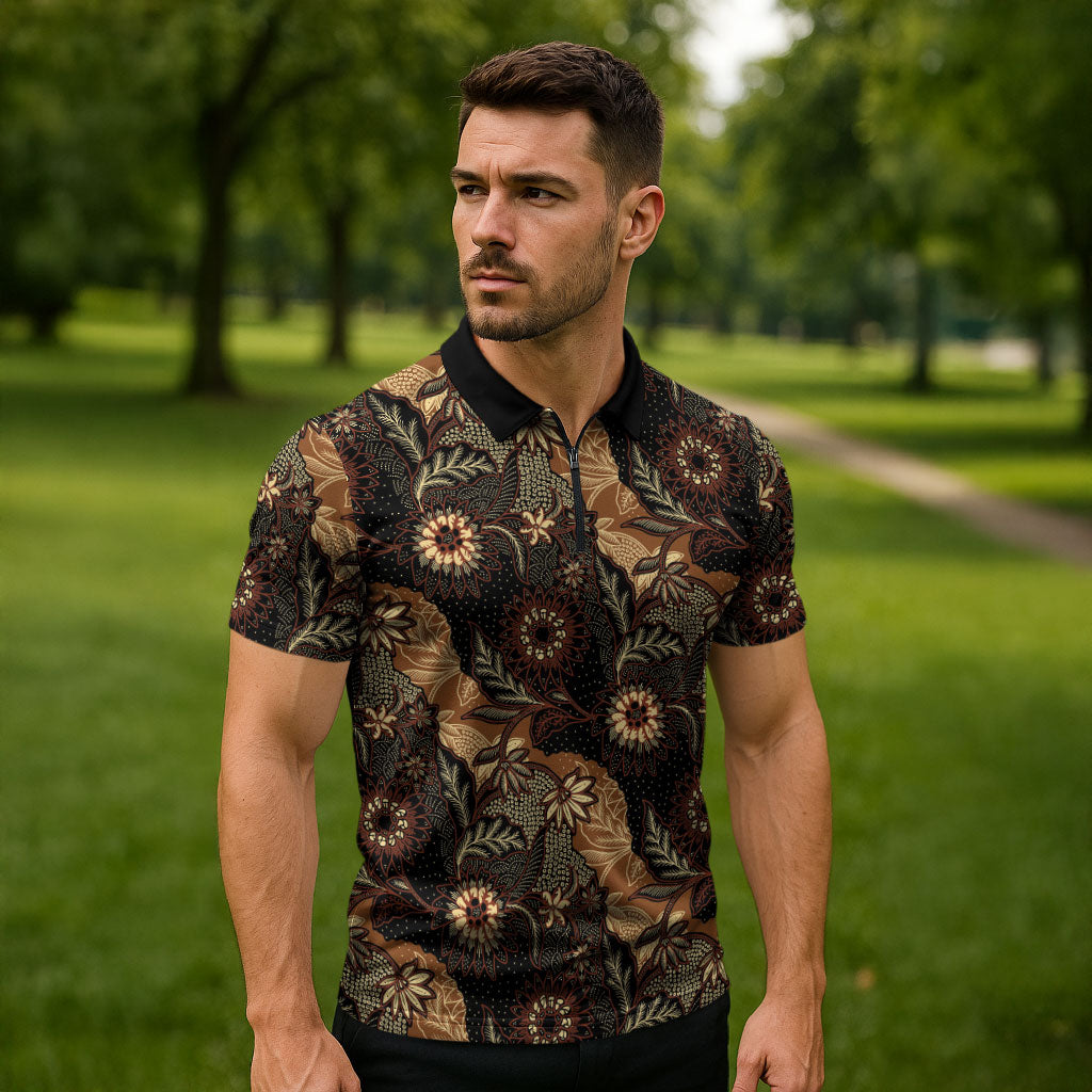 Batik Pedalaman Semen Lereng Style Zipper Polo Shirt Indonesian Traditional Pattern LT01 - Polynesian Pride
