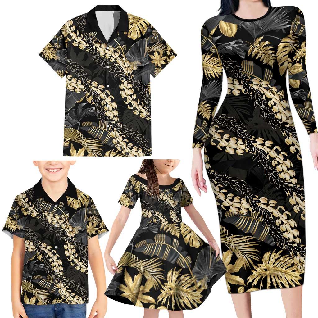 Gold Tropical Leaves Hawaii Mikioi Lei Family Matching Long Sleeve Bodycon Dress and Hawaiian Shirt Luxury Stylized LT01 - Polynesian Pride