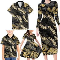 Gold Tropical Leaves Hawaii Mikioi Lei Family Matching Long Sleeve Bodycon Dress and Hawaiian Shirt Luxury Stylized LT01 - Polynesian Pride