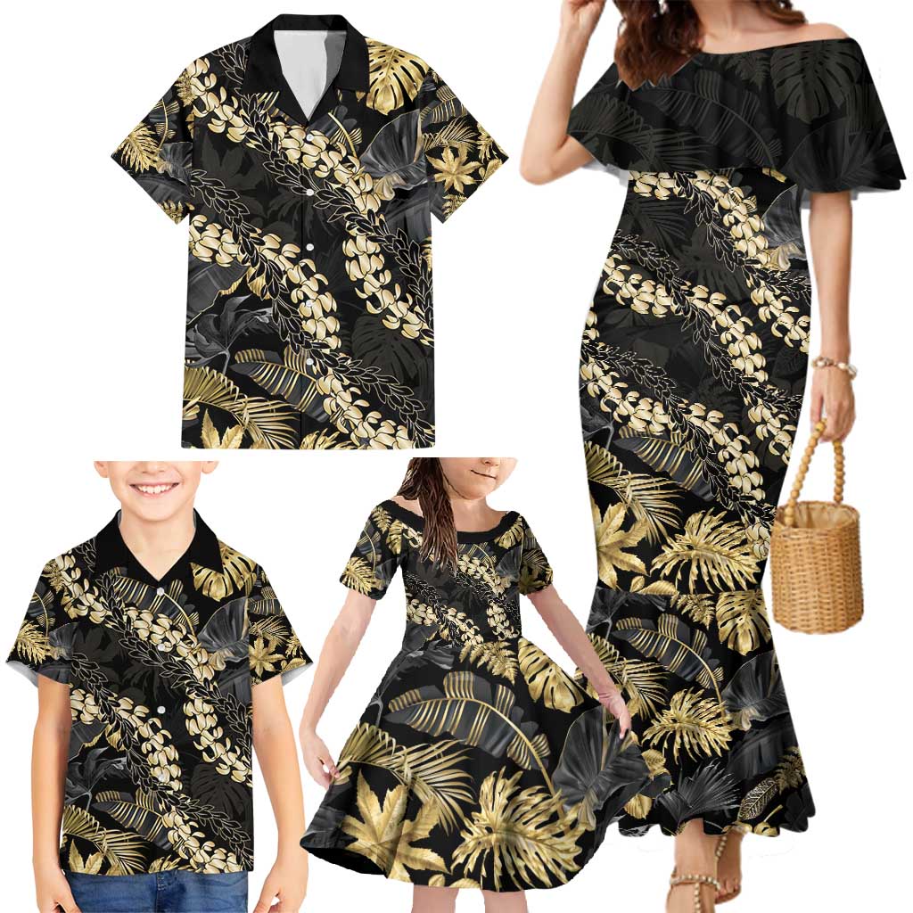 Gold Tropical Leaves Hawaii Mikioi Lei Family Matching Mermaid Dress and Hawaiian Shirt Luxury Stylized LT01 - Polynesian Pride