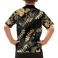 Gold Tropical Leaves Hawaii Mikioi Lei Family Matching Off The Shoulder Long Sleeve Dress and Hawaiian Shirt Luxury Stylized LT01 - Polynesian Pride