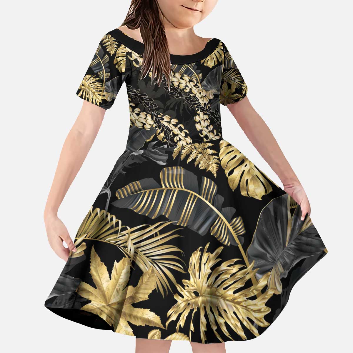 Gold Tropical Leaves Hawaii Mikioi Lei Family Matching Off The Shoulder Long Sleeve Dress and Hawaiian Shirt Luxury Stylized LT01 Daughter's Dress Gold - Polynesian Pride