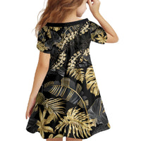 Gold Tropical Leaves Hawaii Mikioi Lei Family Matching Off The Shoulder Long Sleeve Dress and Hawaiian Shirt Luxury Stylized LT01 - Polynesian Pride