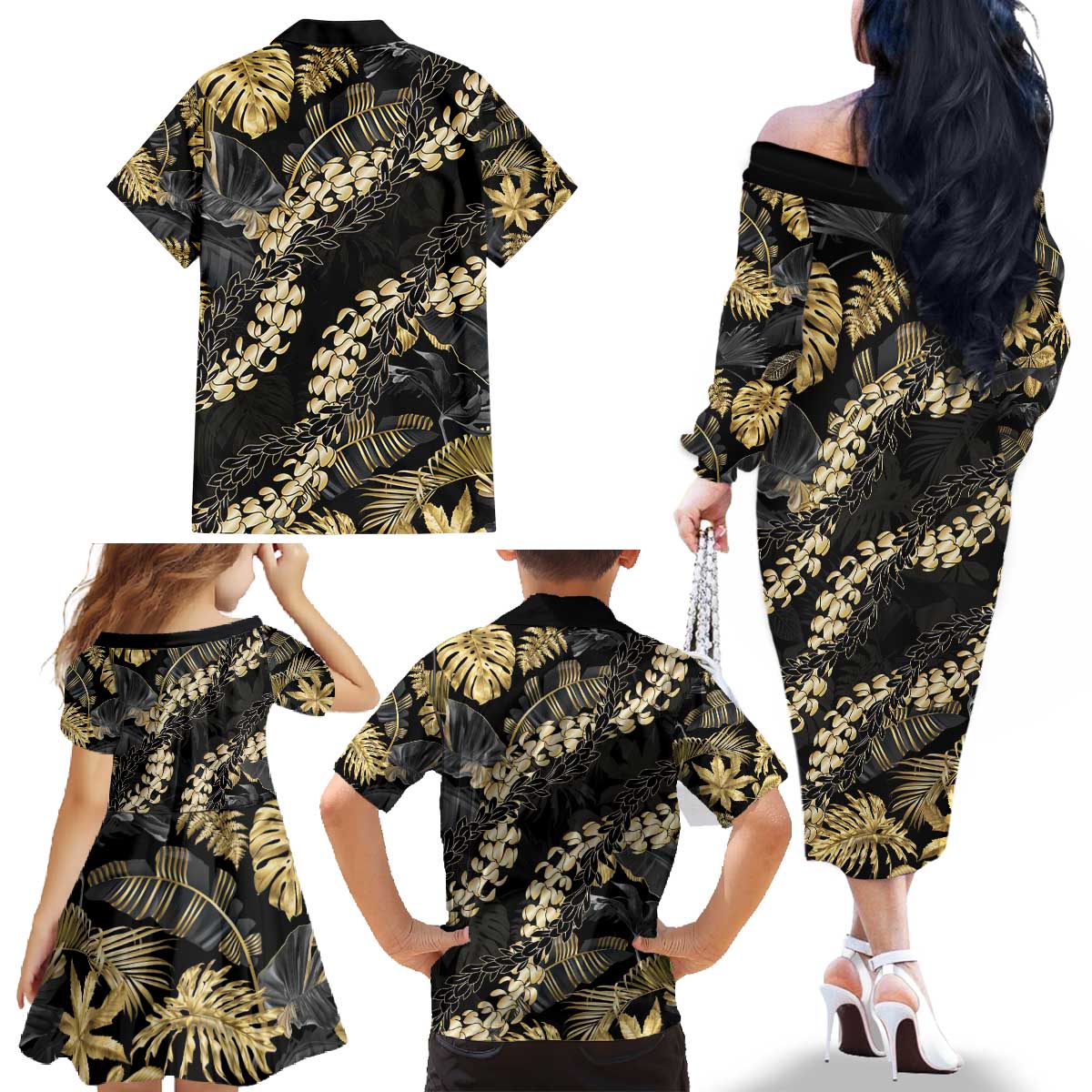 Gold Tropical Leaves Hawaii Mikioi Lei Family Matching Off The Shoulder Long Sleeve Dress and Hawaiian Shirt Luxury Stylized LT01 - Polynesian Pride