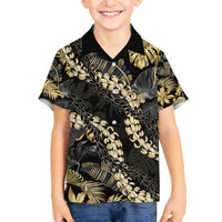 Gold Tropical Leaves Hawaii Mikioi Lei Family Matching Off The Shoulder Long Sleeve Dress and Hawaiian Shirt Luxury Stylized LT01 Son's Shirt Gold - Polynesian Pride