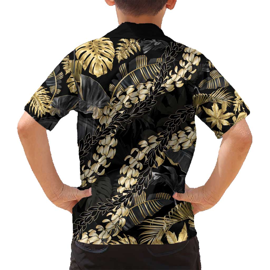 Gold Tropical Leaves Hawaii Mikioi Lei Family Matching Off Shoulder Maxi Dress and Hawaiian Shirt Luxury Stylized LT01 - Polynesian Pride