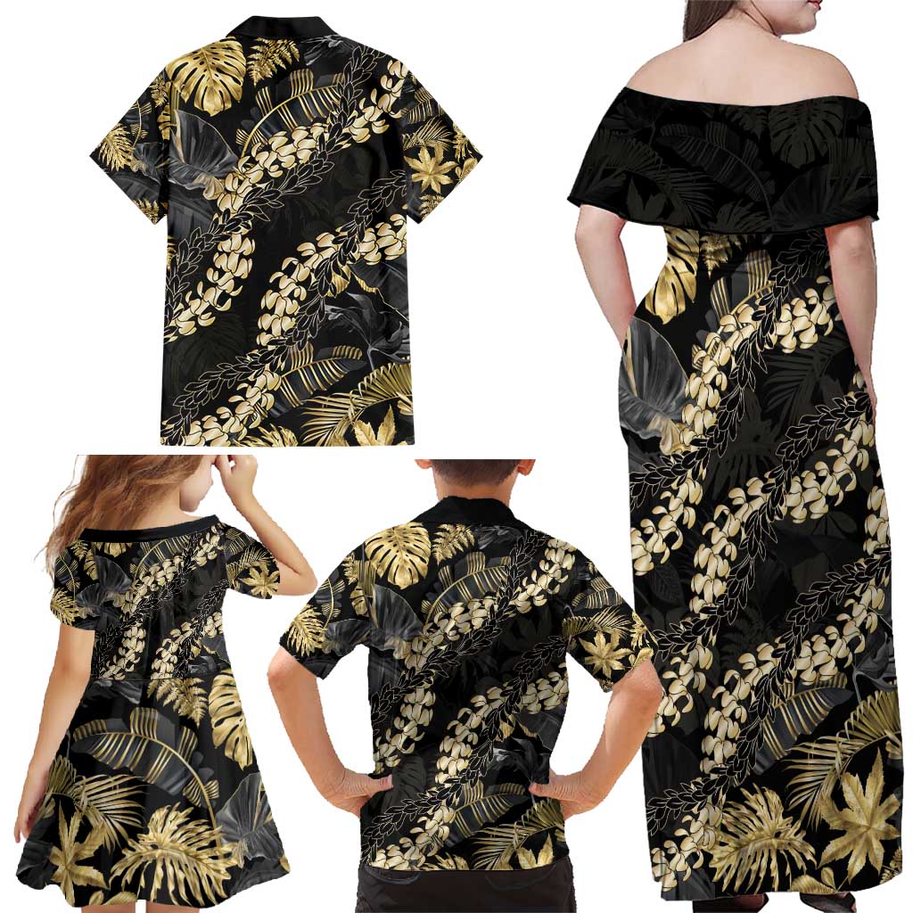 Gold Tropical Leaves Hawaii Mikioi Lei Family Matching Off Shoulder Maxi Dress and Hawaiian Shirt Luxury Stylized LT01 - Polynesian Pride