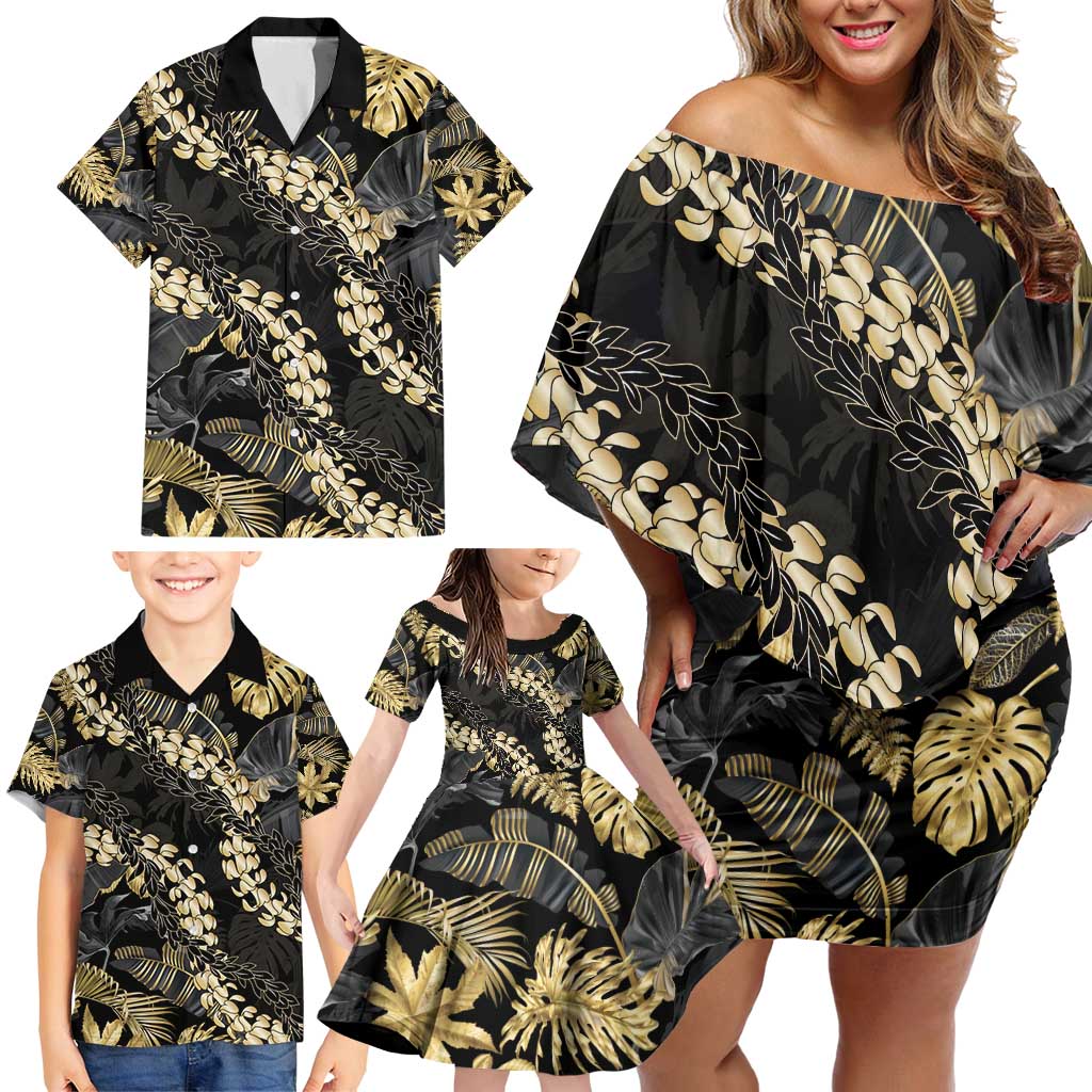 Gold Tropical Leaves Hawaii Mikioi Lei Family Matching Off Shoulder Short Dress and Hawaiian Shirt Luxury Stylized LT01 - Polynesian Pride