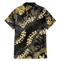 Gold Tropical Leaves Hawaii Mikioi Lei Family Matching Off Shoulder Short Dress and Hawaiian Shirt Luxury Stylized LT01 - Polynesian Pride