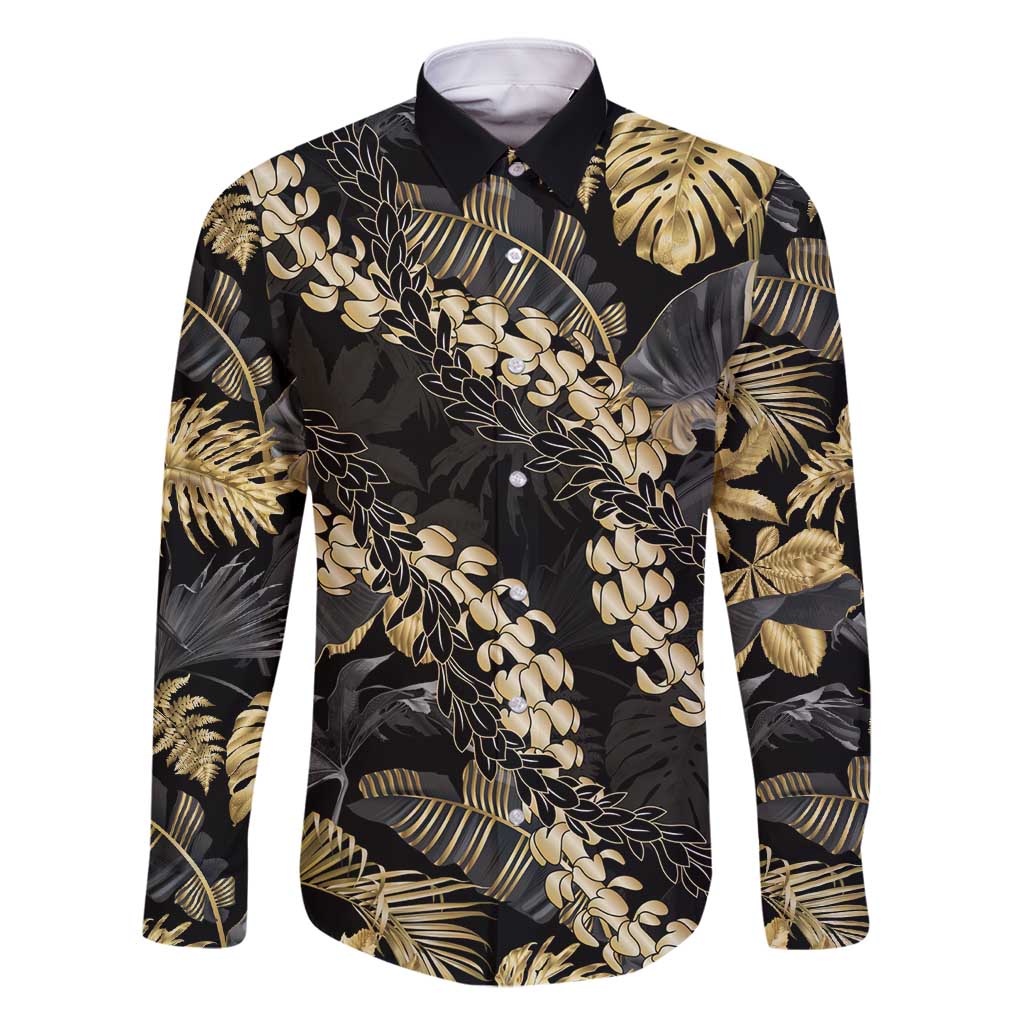 Gold Tropical Leaves Hawaii Mikioi Lei Family Matching Off Shoulder Short Dress and Hawaiian Shirt Luxury Stylized LT01 Dad's Shirt - Long Sleeve Gold - Polynesian Pride
