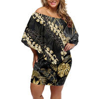 Gold Tropical Leaves Hawaii Mikioi Lei Family Matching Off Shoulder Short Dress and Hawaiian Shirt Luxury Stylized LT01 Mom's Dress Gold - Polynesian Pride