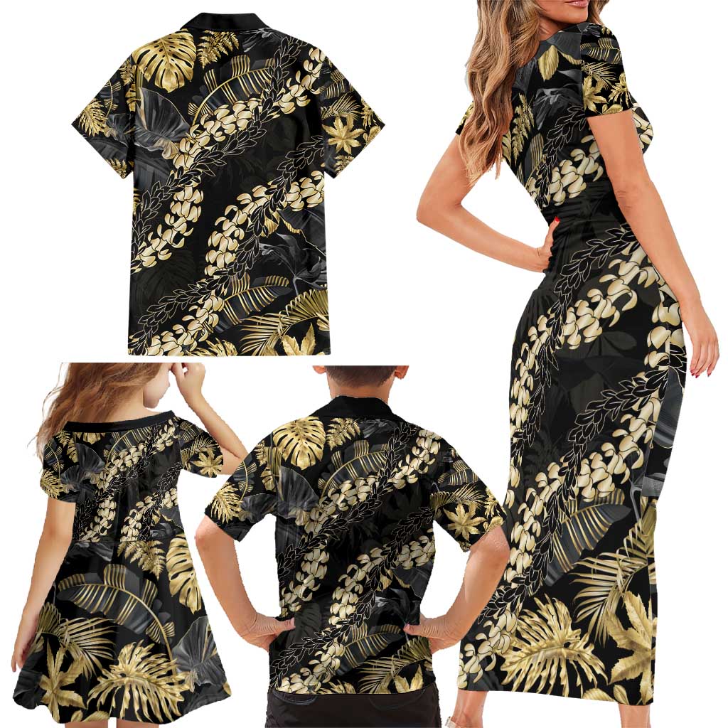 Gold Tropical Leaves Hawaii Mikioi Lei Family Matching Short Sleeve Bodycon Dress and Hawaiian Shirt Luxury Stylized LT01 - Polynesian Pride