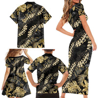 Gold Tropical Leaves Hawaii Mikioi Lei Family Matching Short Sleeve Bodycon Dress and Hawaiian Shirt Luxury Stylized LT01 - Polynesian Pride