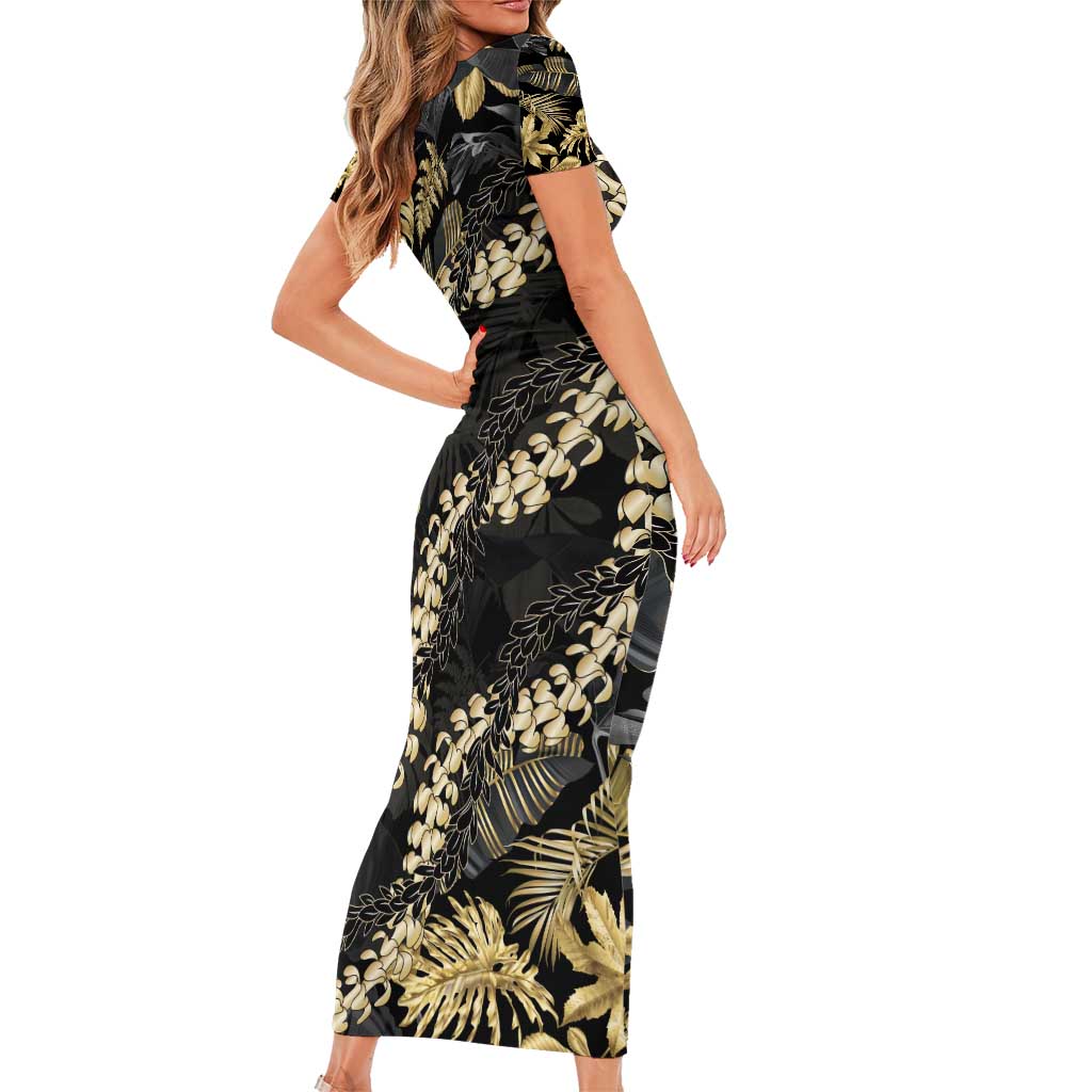 Gold Tropical Leaves Hawaii Mikioi Lei Family Matching Short Sleeve Bodycon Dress and Hawaiian Shirt Luxury Stylized LT01 - Polynesian Pride