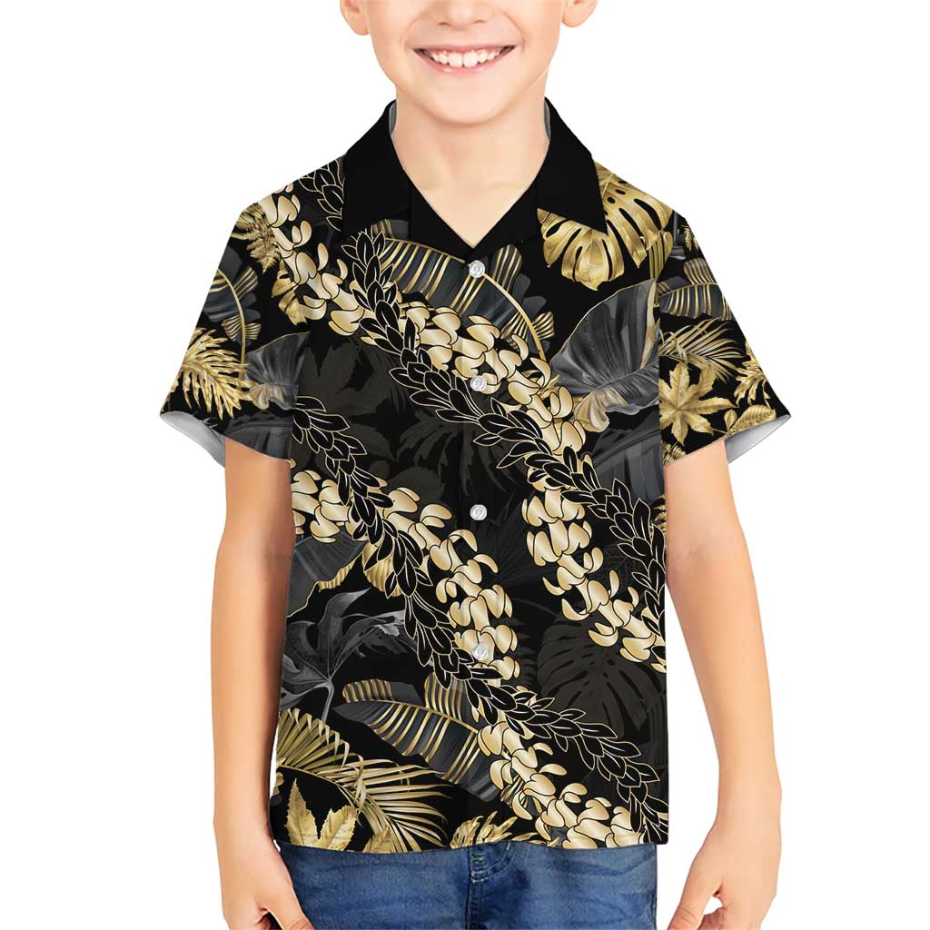 Gold Tropical Leaves Hawaii Mikioi Lei Family Matching Short Sleeve Bodycon Dress and Hawaiian Shirt Luxury Stylized LT01 Son's Shirt Gold - Polynesian Pride