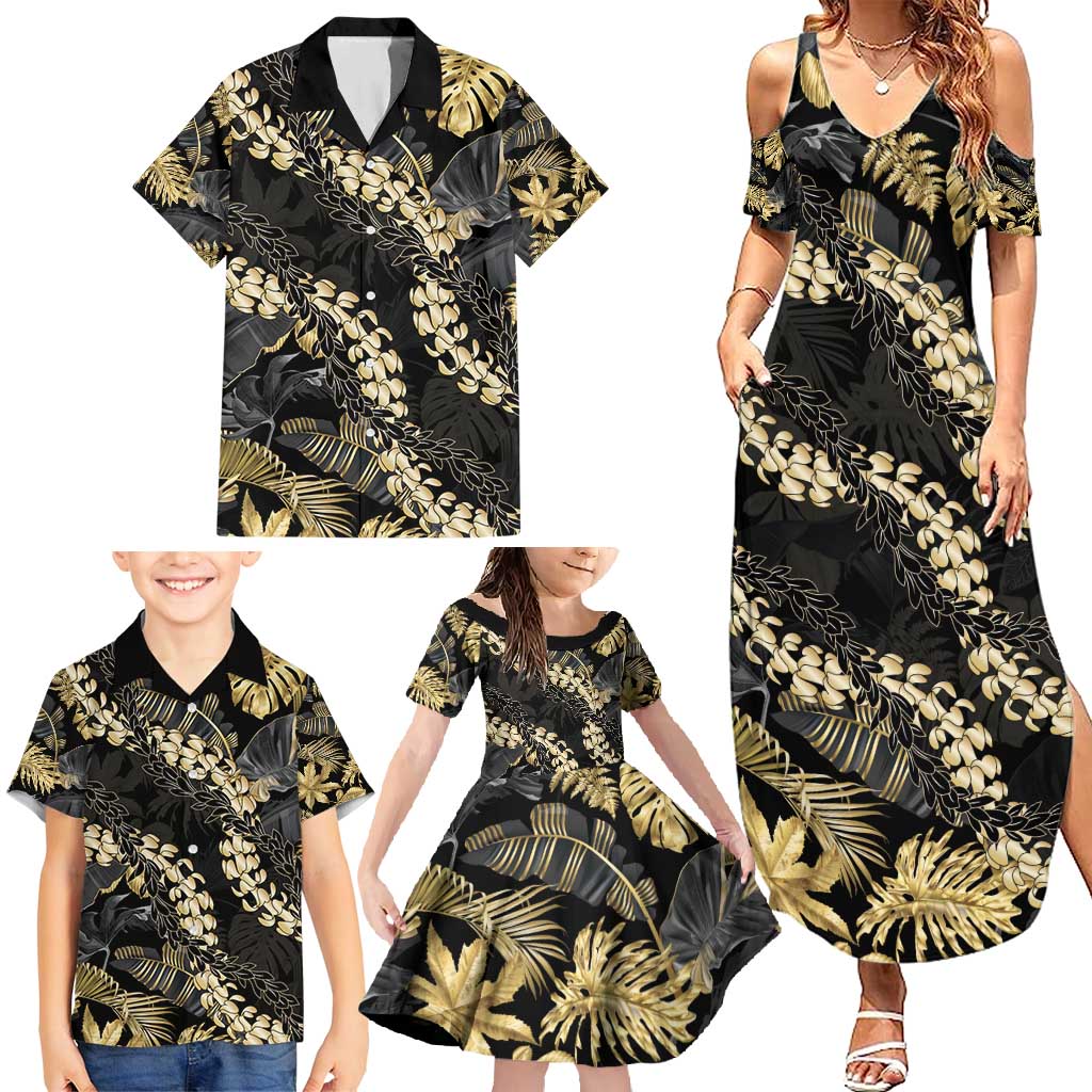 Gold Tropical Leaves Hawaii Mikioi Lei Family Matching Summer Maxi Dress and Hawaiian Shirt Luxury Stylized LT01 - Polynesian Pride