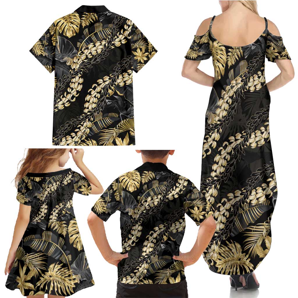 Gold Tropical Leaves Hawaii Mikioi Lei Family Matching Summer Maxi Dress and Hawaiian Shirt Luxury Stylized LT01 - Polynesian Pride