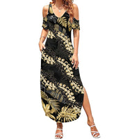 Gold Tropical Leaves Hawaii Mikioi Lei Family Matching Summer Maxi Dress and Hawaiian Shirt Luxury Stylized LT01 Mom's Dress Gold - Polynesian Pride