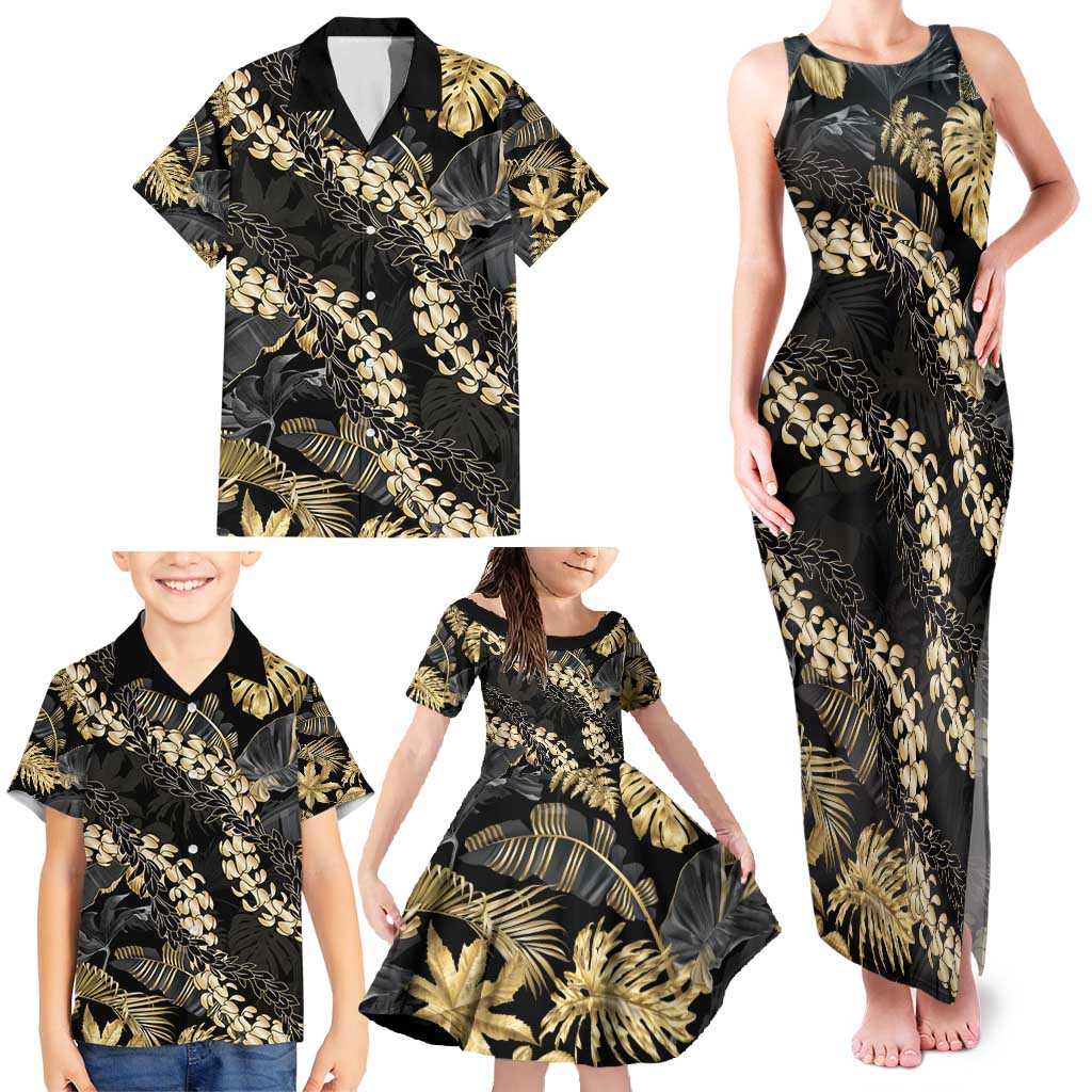 Gold Tropical Leaves Hawaii Mikioi Lei Family Matching Tank Maxi Dress and Hawaiian Shirt Luxury Stylized LT01 - Polynesian Pride
