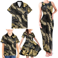 Gold Tropical Leaves Hawaii Mikioi Lei Family Matching Tank Maxi Dress and Hawaiian Shirt Luxury Stylized LT01 - Polynesian Pride