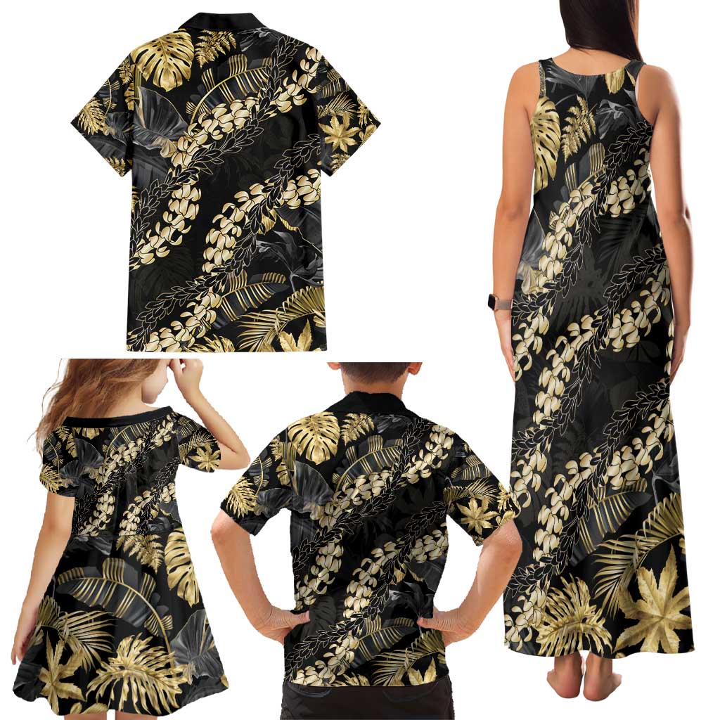 Gold Tropical Leaves Hawaii Mikioi Lei Family Matching Tank Maxi Dress and Hawaiian Shirt Luxury Stylized LT01 - Polynesian Pride