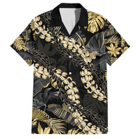 Gold Tropical Leaves Hawaii Mikioi Lei Family Matching Tank Maxi Dress and Hawaiian Shirt Luxury Stylized LT01 Dad's Shirt - Short Sleeve Gold - Polynesian Pride
