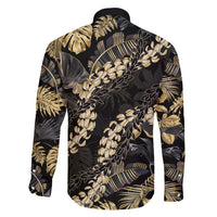 Gold Tropical Leaves Hawaii Mikioi Lei Family Matching Tank Maxi Dress and Hawaiian Shirt Luxury Stylized LT01 - Polynesian Pride