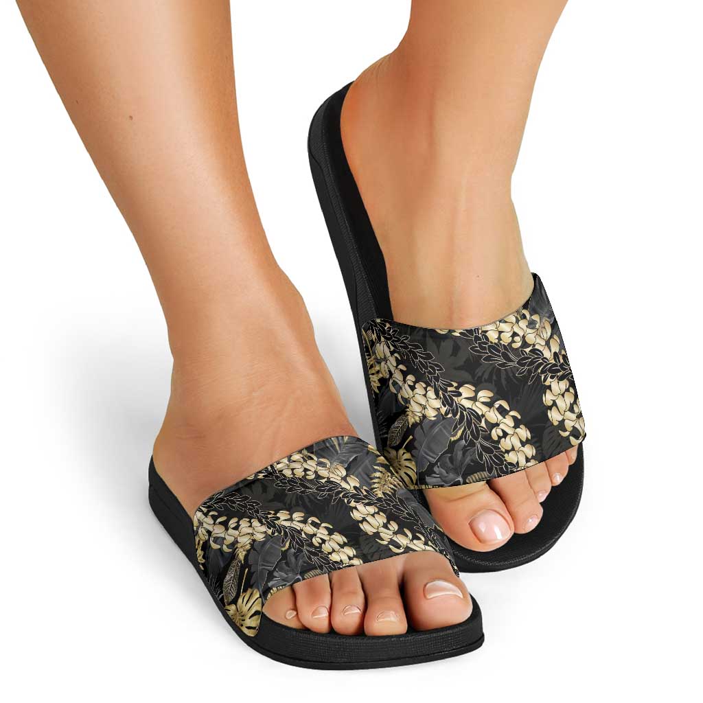 Gold Tropical Leaves Hawaii Mikioi Lei Slide Sandals Luxury Stylized - Polynesian Pride