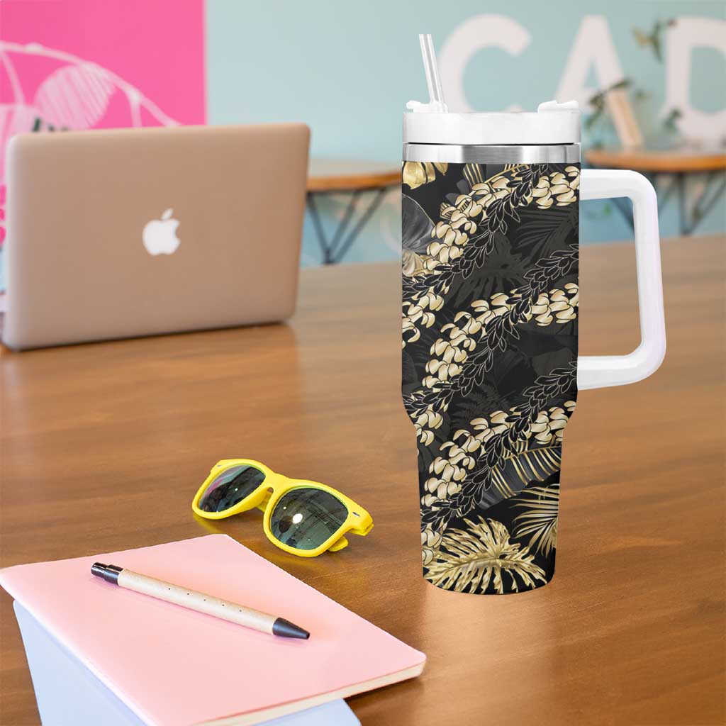 Gold Tropical Leaves Hawaii Mikioi Lei Tumbler With Handle Luxury Stylized - Polynesian Pride