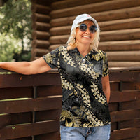 Gold Tropical Leaves Hawaii Mikioi Lei Women Polo Shirt Luxury Stylized - Polynesian Pride