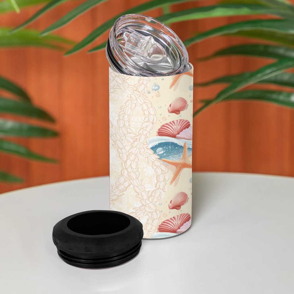 Beige Hawaii Lei Seashells Starfish 4 in 1 Can Cooler Tumbler Sandy Sylized LT01 - Polynesian Pride