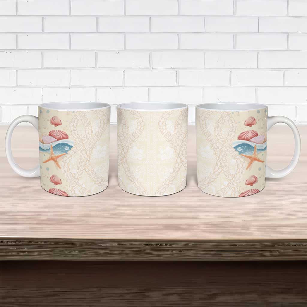 Beige Hawaii Lei Seashells Starfish Ceramic Mug Sandy Sylized - Polynesian Pride