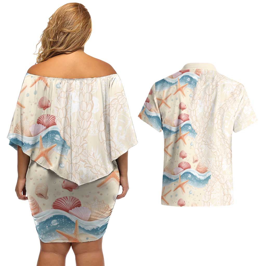 Beige Hawaii Lei Seashells Starfish Couples Matching Off Shoulder Short Dress and Hawaiian Shirt Sandy Sylized - Polynesian Pride