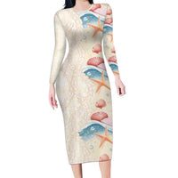 Beige Hawaii Lei Seashells Starfish Family Matching Long Sleeve Bodycon Dress and Hawaiian Shirt Sandy Sylized - Polynesian Pride