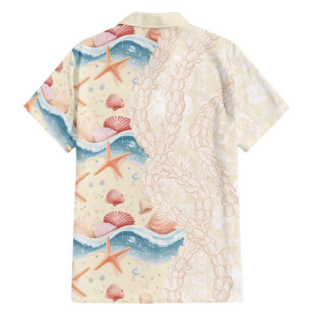 Beige Hawaii Lei Seashells Starfish Family Matching Off Shoulder Short Dress and Hawaiian Shirt Sandy Sylized - Polynesian Pride