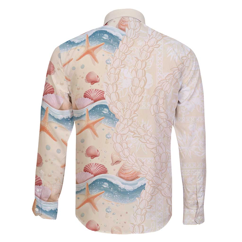 Beige Hawaii Lei Seashells Starfish Family Matching Off Shoulder Short Dress and Hawaiian Shirt Sandy Sylized - Polynesian Pride