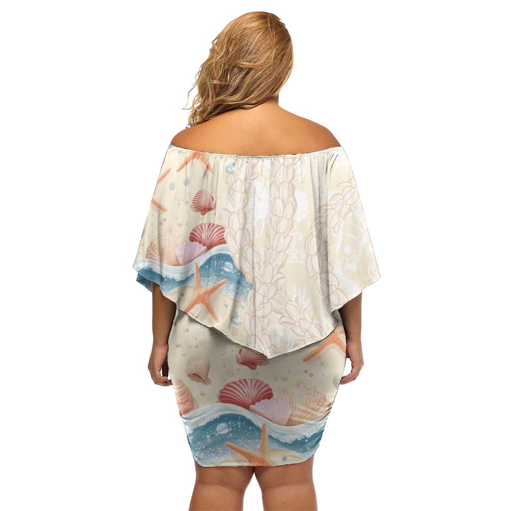 Beige Hawaii Lei Seashells Starfish Family Matching Off Shoulder Short Dress and Hawaiian Shirt Sandy Sylized - Polynesian Pride