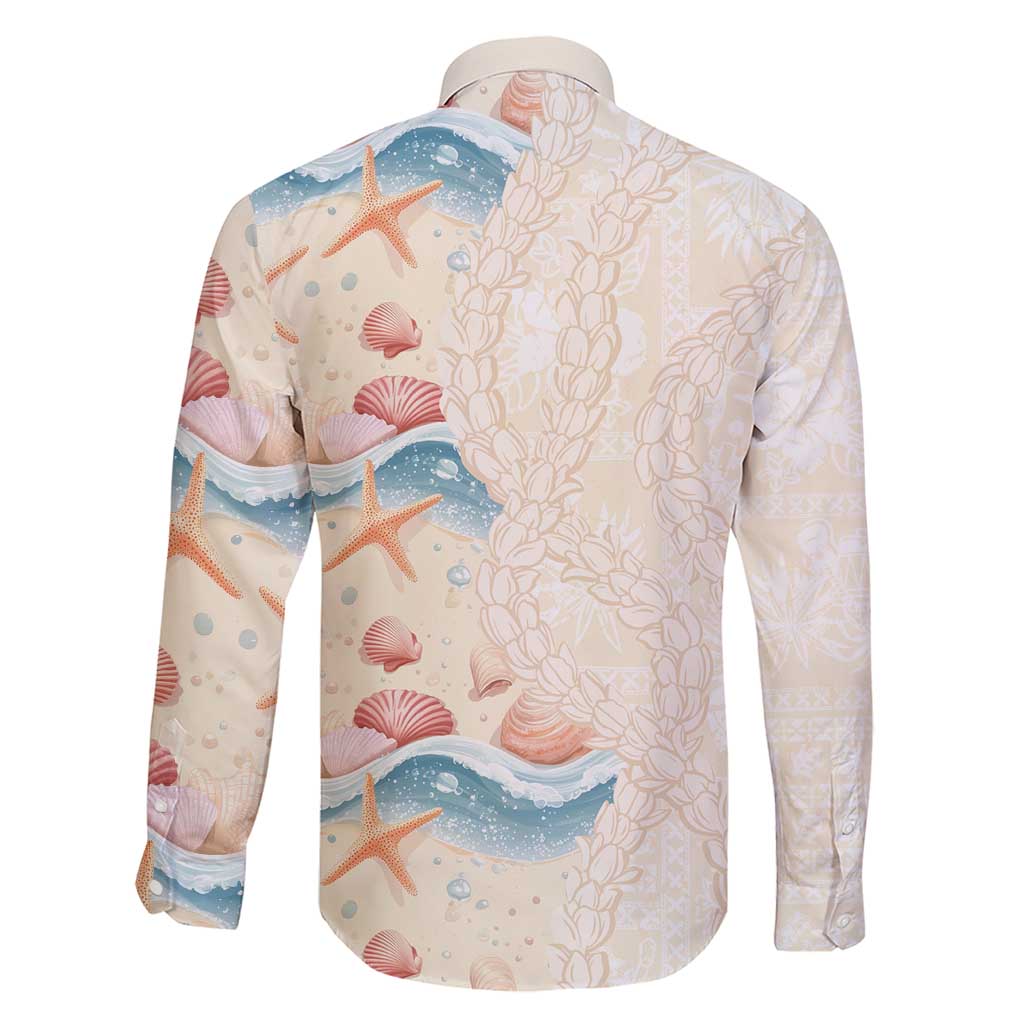 Beige Hawaii Lei Seashells Starfish Family Matching Short Sleeve Bodycon Dress and Hawaiian Shirt Sandy Sylized - Polynesian Pride