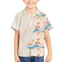 Beige Hawaii Lei Seashells Starfish Family Matching Short Sleeve Bodycon Dress and Hawaiian Shirt Sandy Sylized - Polynesian Pride