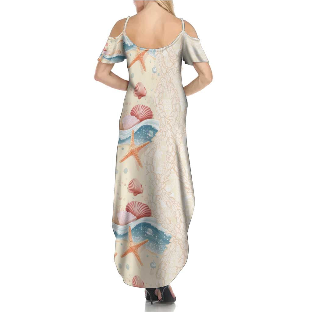 Beige Hawaii Lei Seashells Starfish Family Matching Summer Maxi Dress and Hawaiian Shirt Sandy Sylized - Polynesian Pride