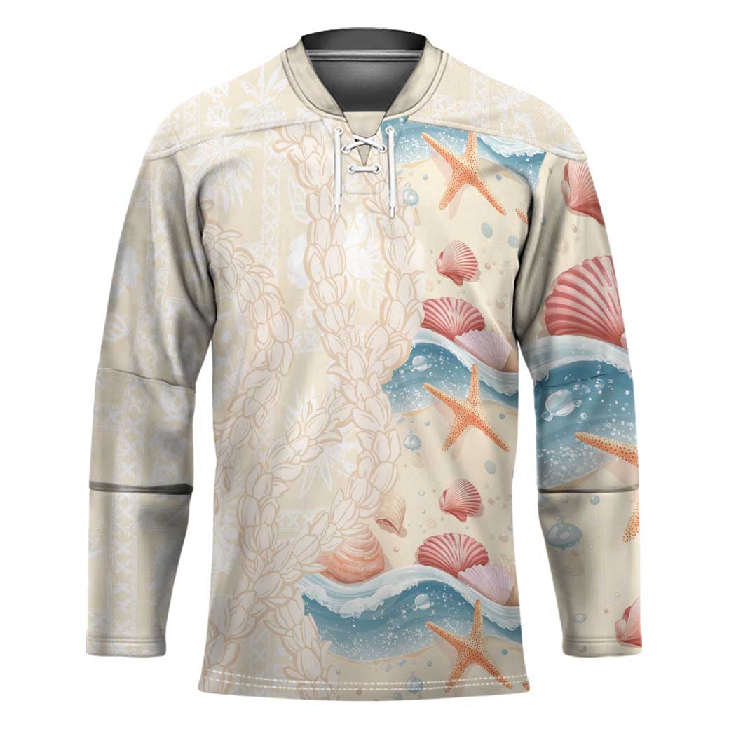 Beige Hawaii Lei Seashells Starfish Hockey Jersey Sandy Sylized - Polynesian Pride