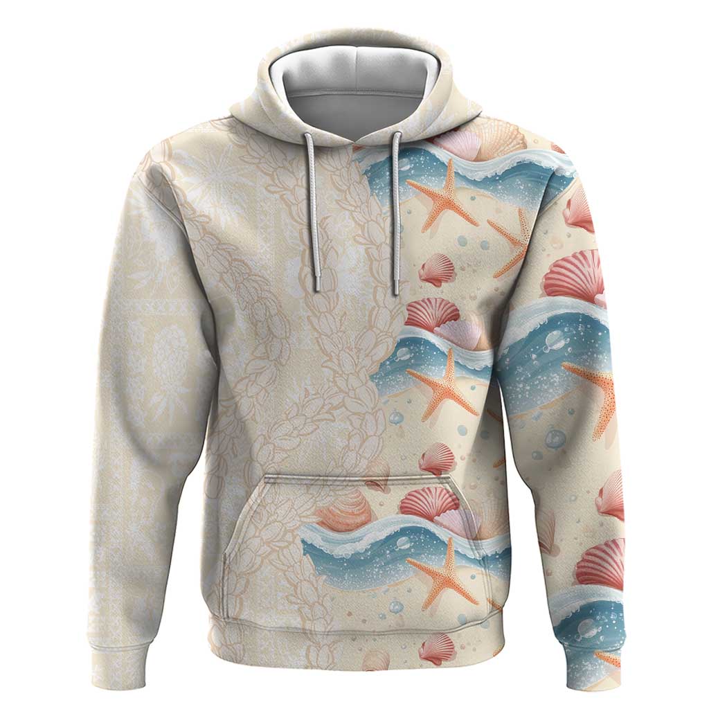 Beige Hawaii Lei Seashells Starfish Hoodie Sandy Sylized - Polynesian Pride