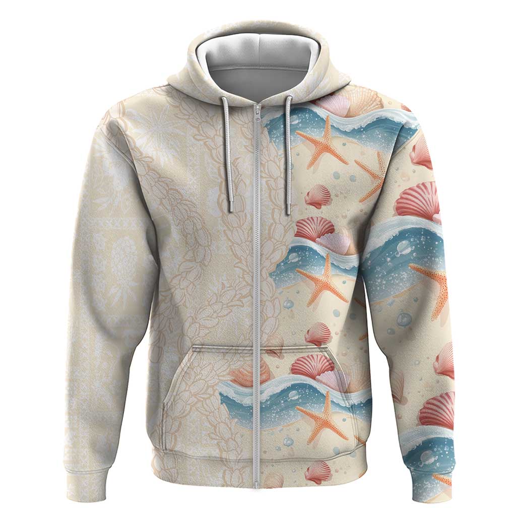 Beige Hawaii Lei Seashells Starfish Hoodie Sandy Sylized - Polynesian Pride