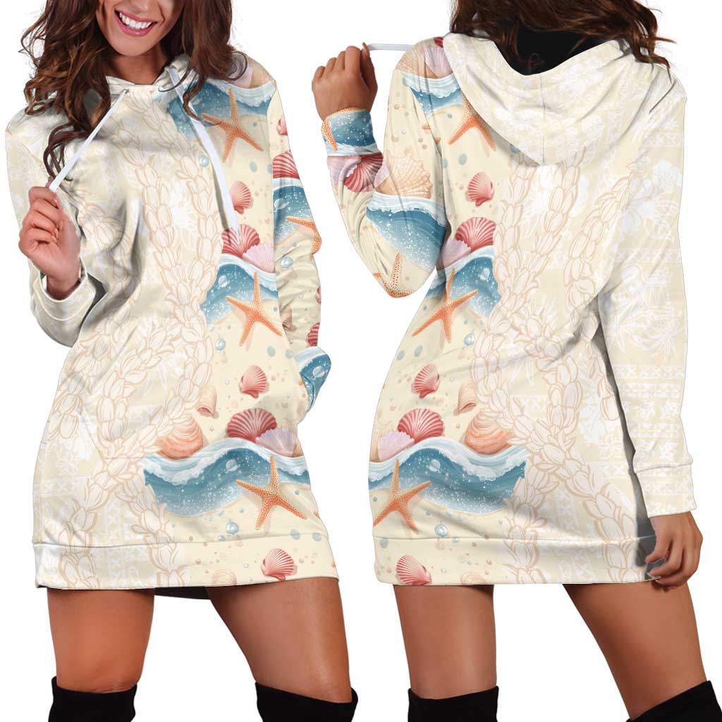 Beige Hawaii Lei Seashells Starfish Hoodie Dress Sandy Sylized - Polynesian Pride