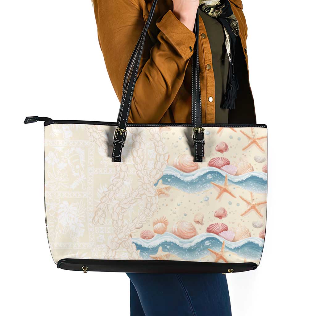 Beige Hawaii Lei Seashells Starfish Leather Tote Bag Sandy Sylized - Polynesian Pride