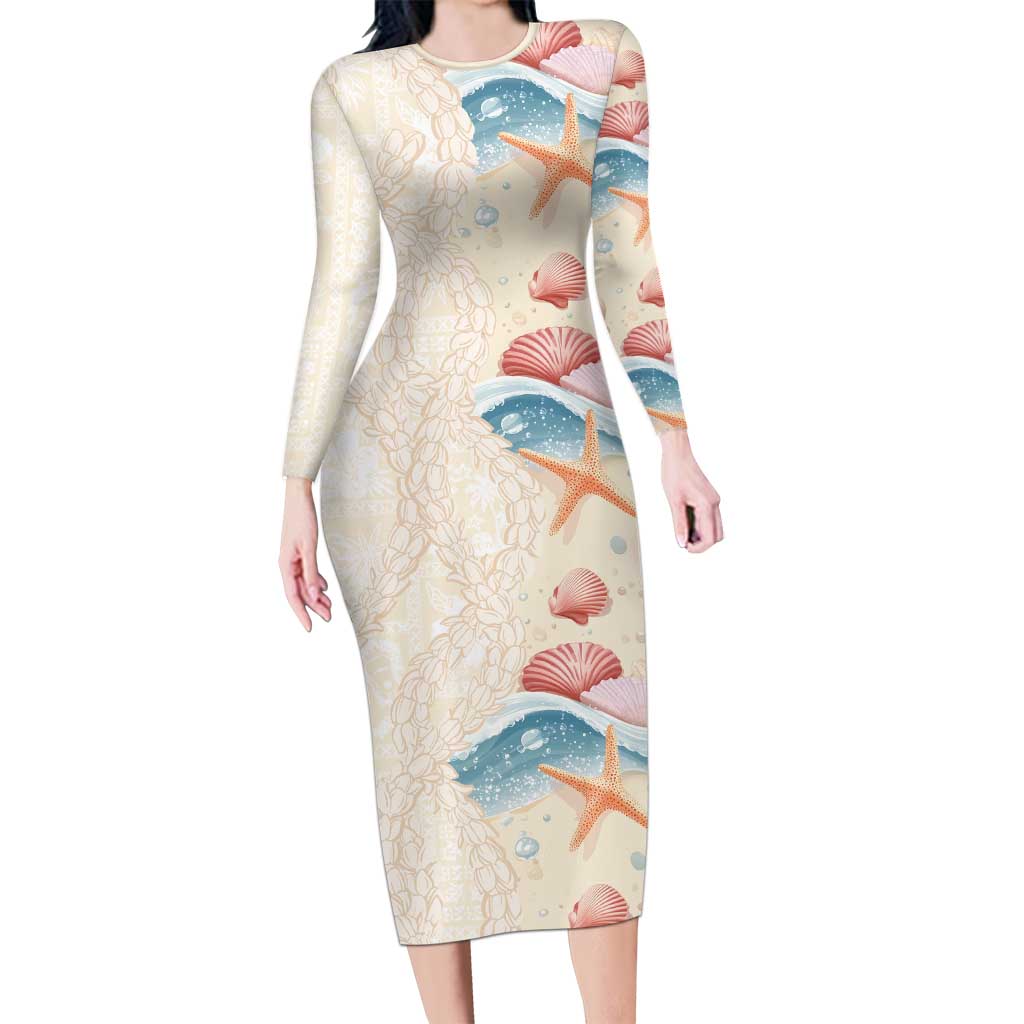 Beige Hawaii Lei Seashells Starfish Long Sleeve Bodycon Dress Sandy Sylized - Polynesian Pride