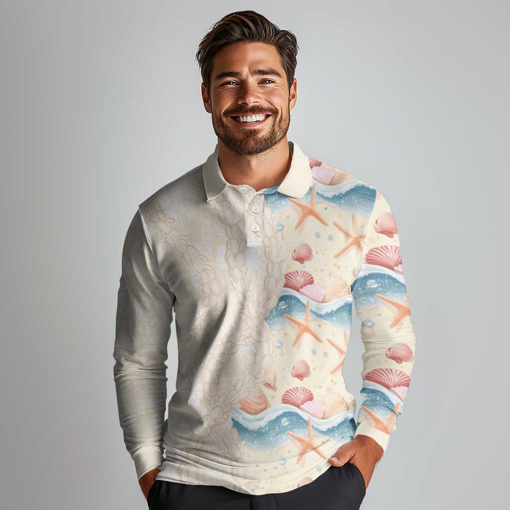 Beige Hawaii Lei Seashells Starfish Long Sleeve Polo Shirt Sandy Sylized - Polynesian Pride