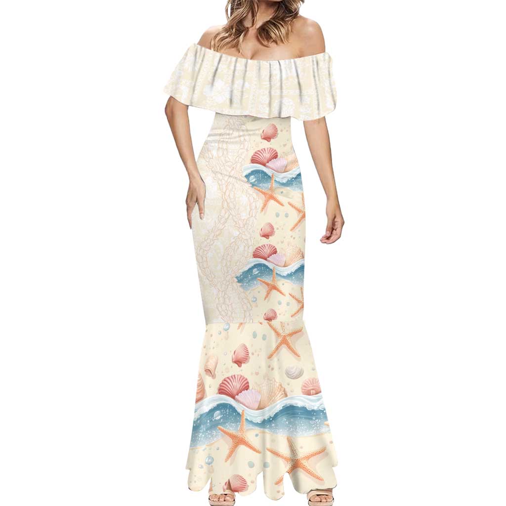 Beige Hawaii Lei Seashells Starfish Mermaid Dress Sandy Sylized - Polynesian Pride