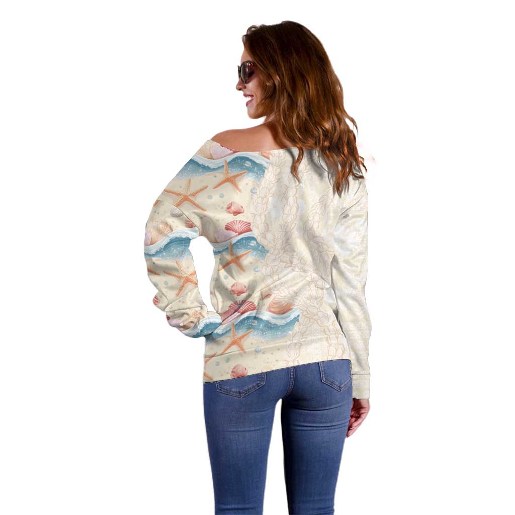 Beige Hawaii Lei Seashells Starfish Off Shoulder Sweater Sandy Sylized - Polynesian Pride