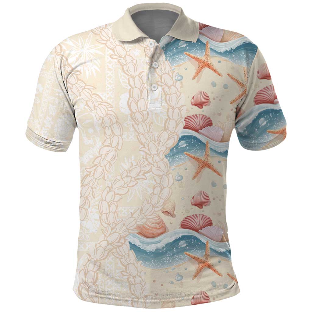 Beige Hawaii Lei Seashells Starfish Polo Shirt Sandy Sylized - Polynesian Pride